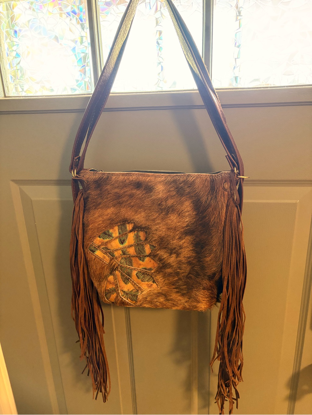 Fringed Hair On Hide Shoulder Bag With Leaf Accent